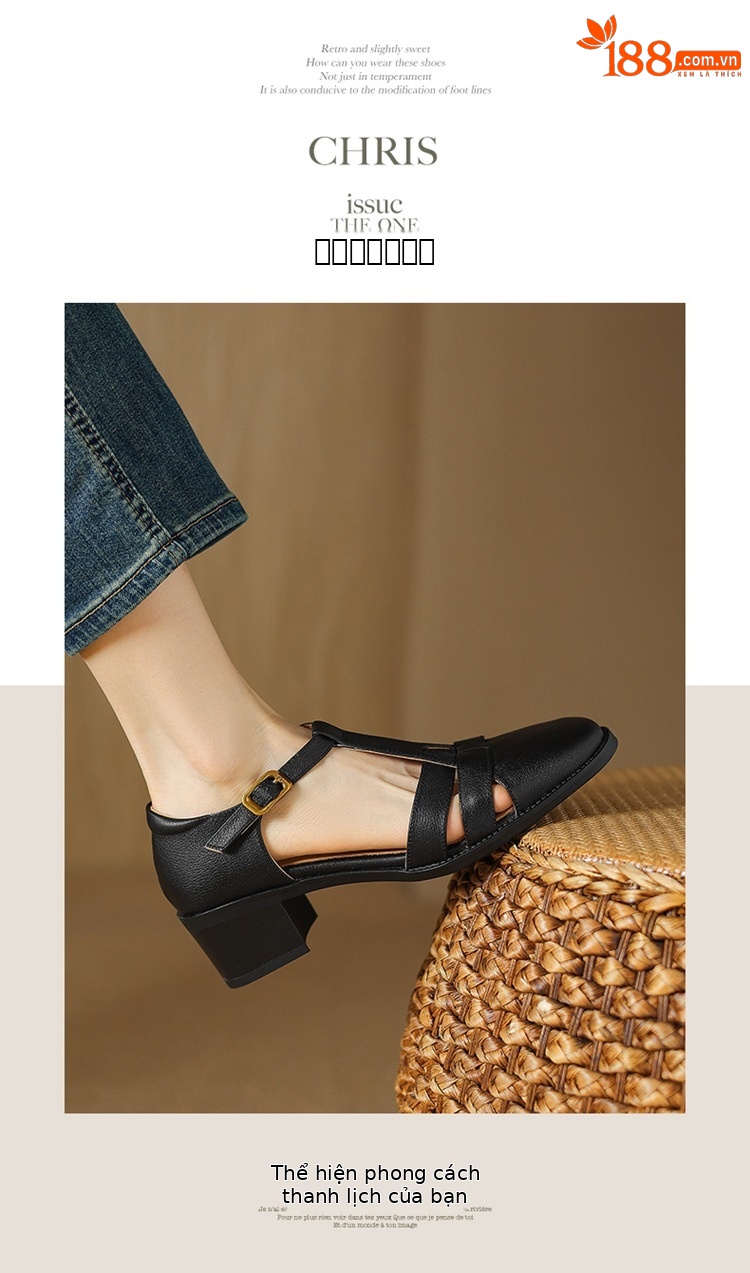 Sandal nữ quai chữ T da cừu rỗng gót xuồng 5 cm — Màu be chi tiết 8