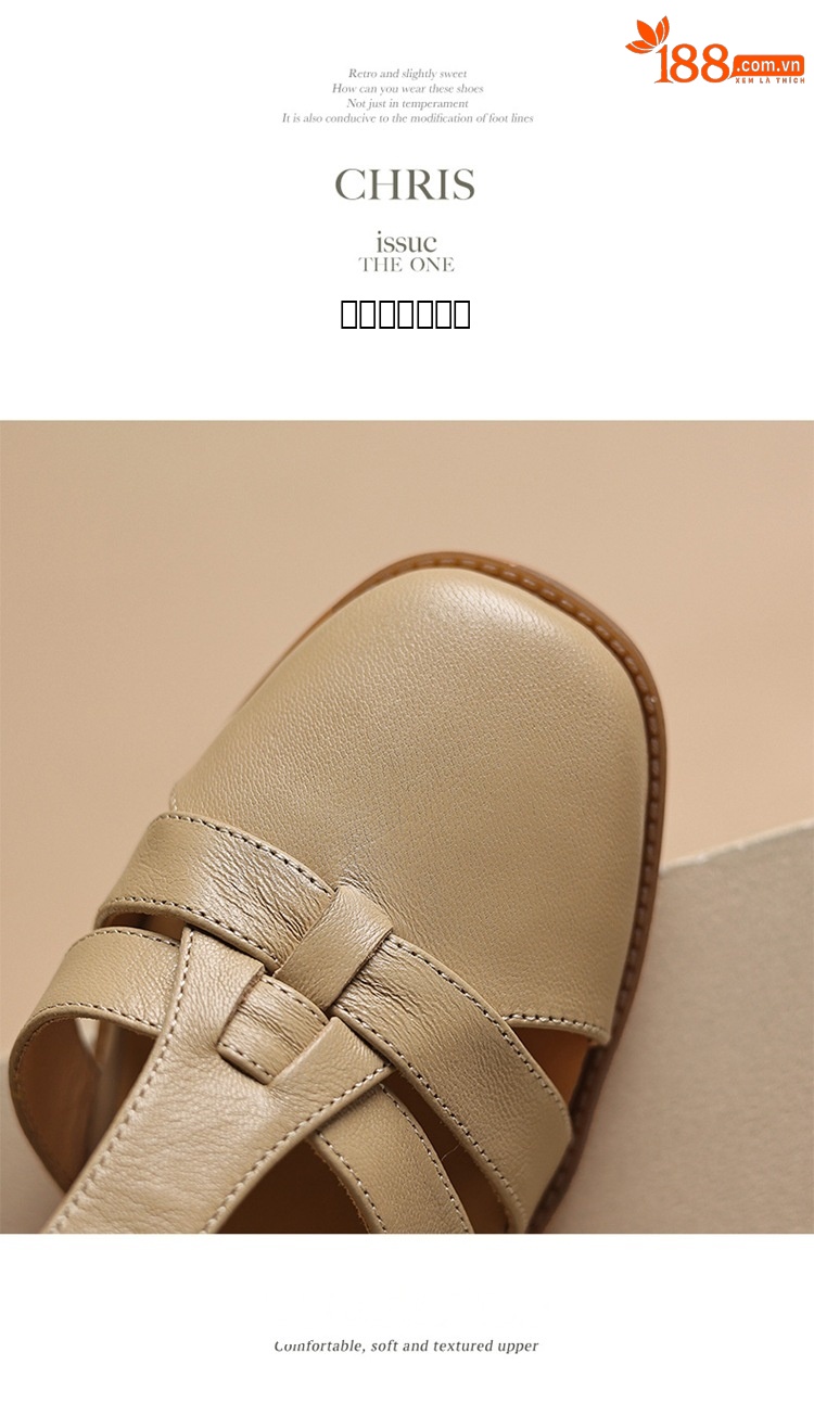 Sandal nữ quai chữ T da cừu rỗng gót xuồng 5 cm — Màu be chi tiết 17