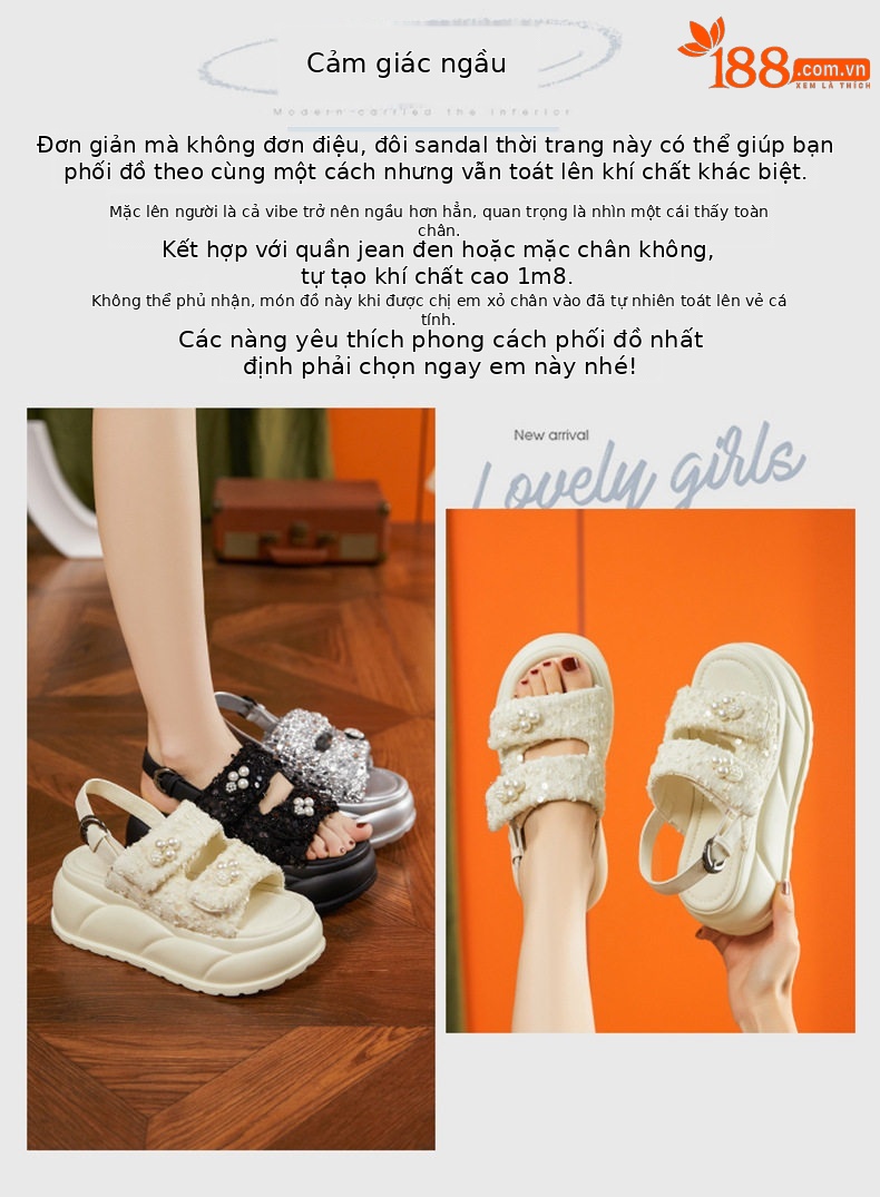 Dép sandal nữ xỏ ngón đế bệt quai Velcro phong cách biển — Đen, Bạc, Len nguyên chất chi tiết 3