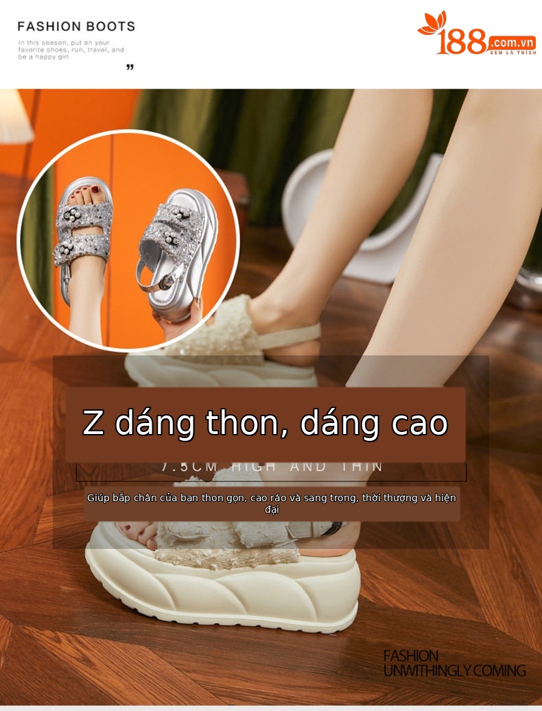 Dép sandal nữ xỏ ngón đế bệt quai Velcro phong cách biển — Đen, Bạc, Len nguyên chất chi tiết 8