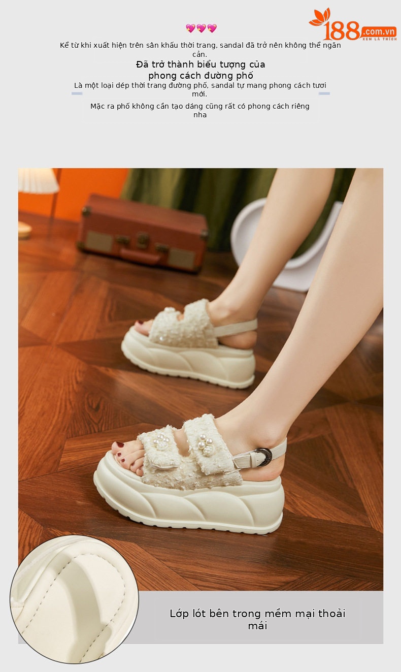Dép sandal nữ xỏ ngón đế bệt quai Velcro phong cách biển — Đen, Bạc, Len nguyên chất chi tiết 4