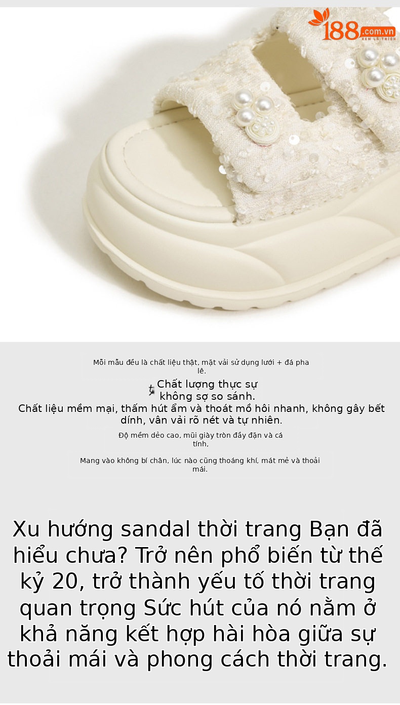 Dép sandal nữ xỏ ngón đế bệt quai Velcro phong cách biển — Đen, Bạc, Len nguyên chất chi tiết 7