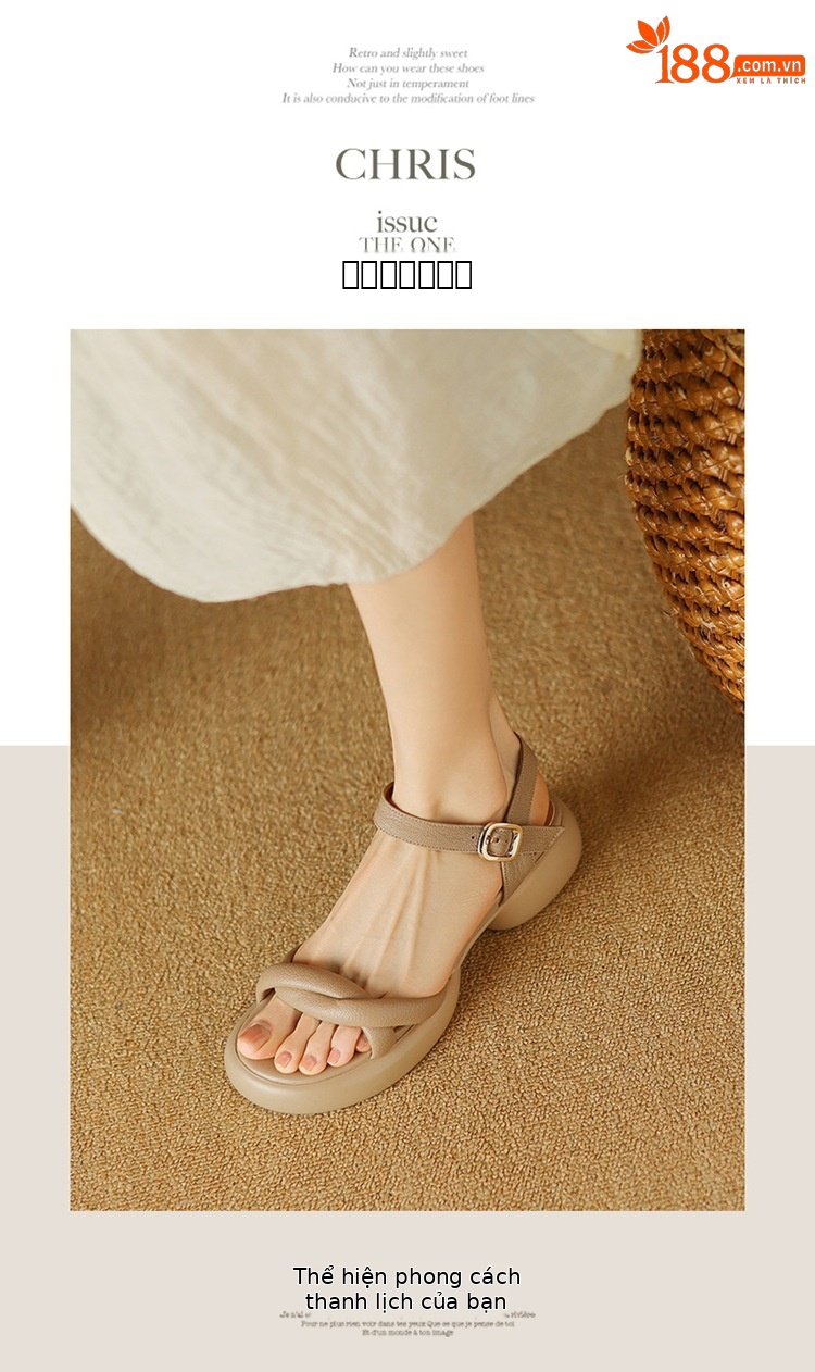 Sandal hở ngón da cừu gót thô platform mũi tròn quai ngang khóa — Màu trắng be chi tiết 6