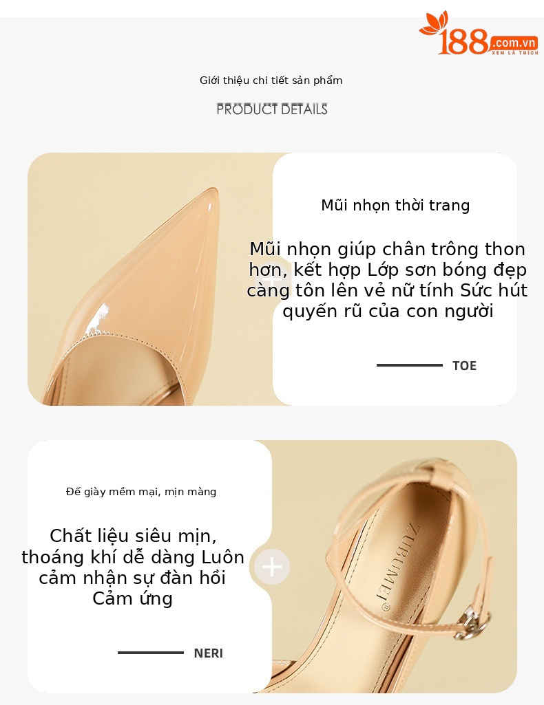 Giày cao gót nữ mũi nhọn đế xuồng kiểu Pháp — Màu trà sữa chi tiết 2