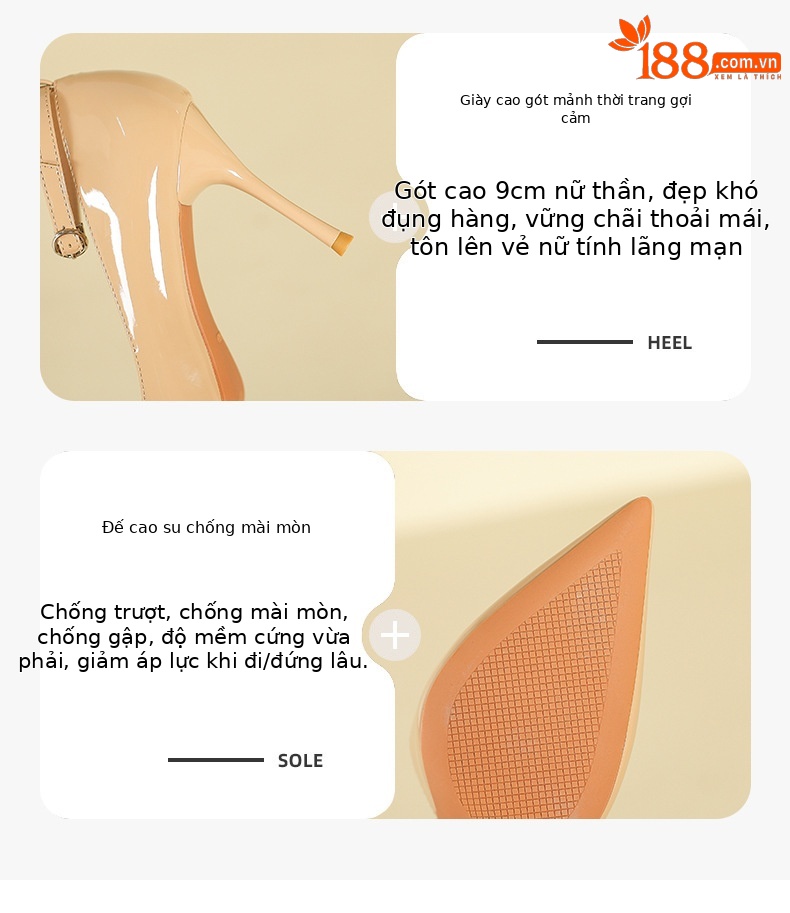 Giày cao gót nữ mũi nhọn đế xuồng kiểu Pháp — Màu trà sữa chi tiết 3