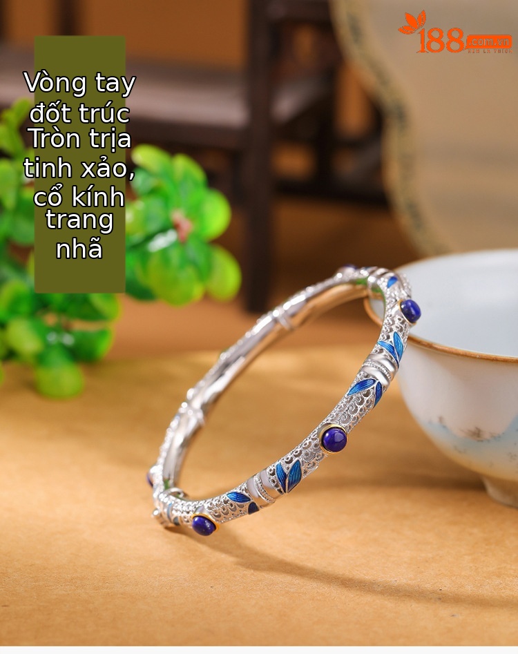 Vòng tay bạc S925 mạ vàng hạt Lapis lazuli phong cách cổ điển họa tiết tre lá rỗng — Các mặt có thể được mở (khoảng 21.5 gram) chi tiết 1
