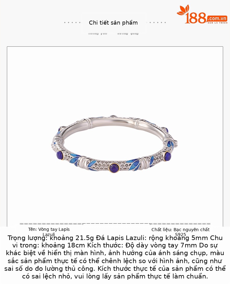 Vòng tay bạc S925 mạ vàng hạt Lapis lazuli phong cách cổ điển họa tiết tre lá rỗng — Các mặt có thể được mở (khoảng 21.5 gram) chi tiết 2