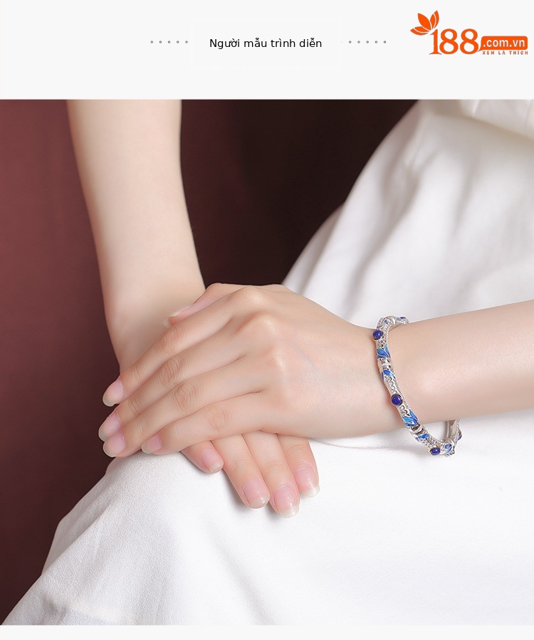 Vòng tay bạc S925 mạ vàng hạt Lapis lazuli phong cách cổ điển họa tiết tre lá rỗng — Các mặt có thể được mở (khoảng 21.5 gram) chi tiết 4