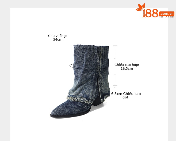 Boot nữ cổ thấp đế thô denim phong cách cao bồi Âu Mỹ — Màu xanh lam chi tiết 2