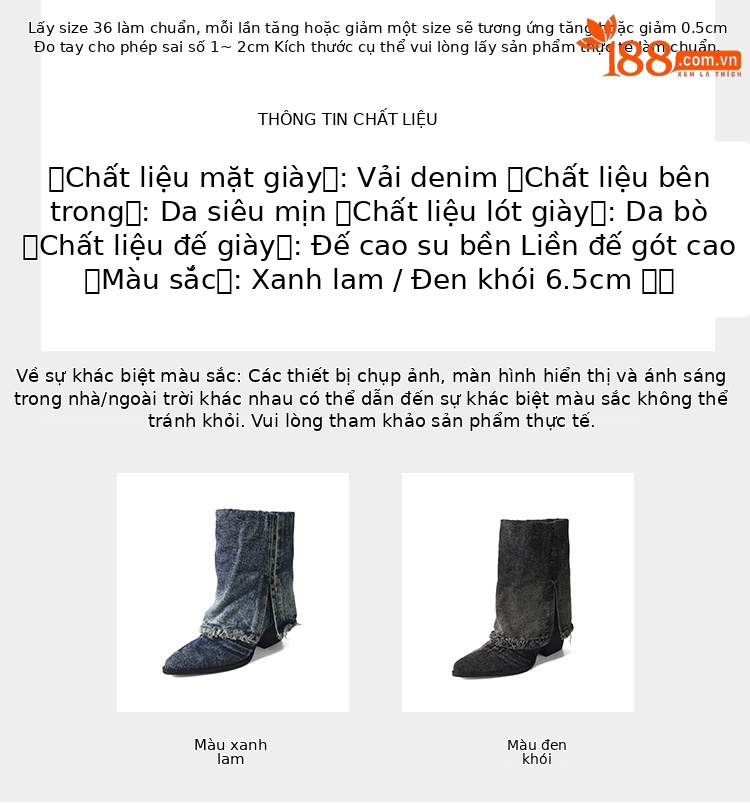 Boot nữ cổ thấp đế thô denim phong cách cao bồi Âu Mỹ — Màu xanh lam chi tiết 3