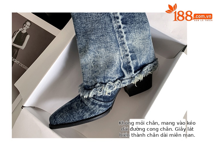 Boot nữ cổ thấp đế thô denim phong cách cao bồi Âu Mỹ — Màu xanh lam chi tiết 4