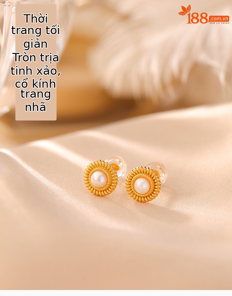 Bông tai nữ bạc S925 mạ vàng đính ngọc trai nước ngọt hình hoa cúc tròn phong cách retro — Một cặp chi tiết 1