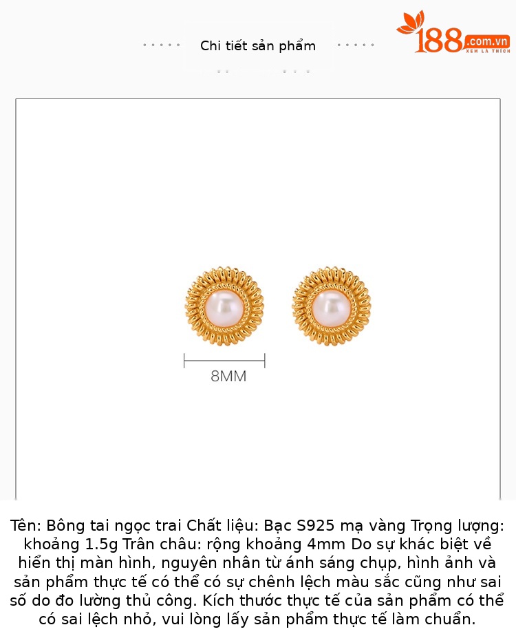 Bông tai nữ bạc S925 mạ vàng đính ngọc trai nước ngọt hình hoa cúc tròn phong cách retro — Một cặp chi tiết 2
