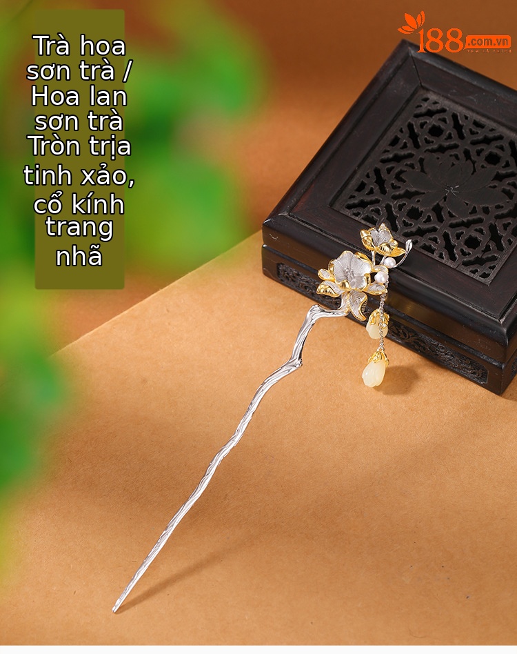 Kẹp tóc hoa trà mộc lan tua rua bạc S925 mạ vàng đính ngọc Hetian — Một chiếc chi tiết 2