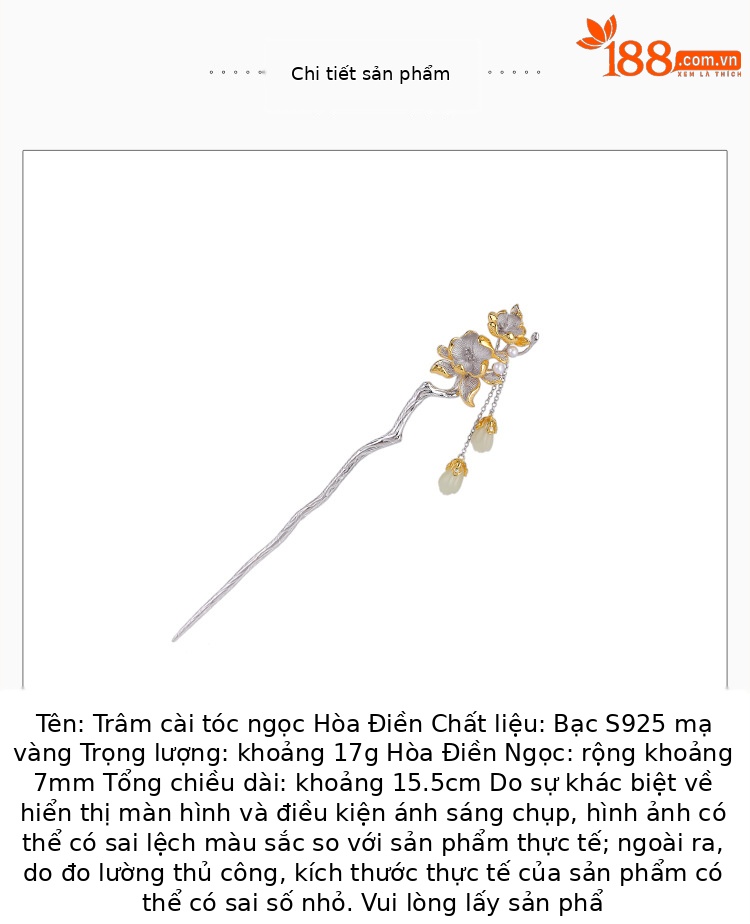 Kẹp tóc hoa trà mộc lan tua rua bạc S925 mạ vàng đính ngọc Hetian — Một chiếc chi tiết 3