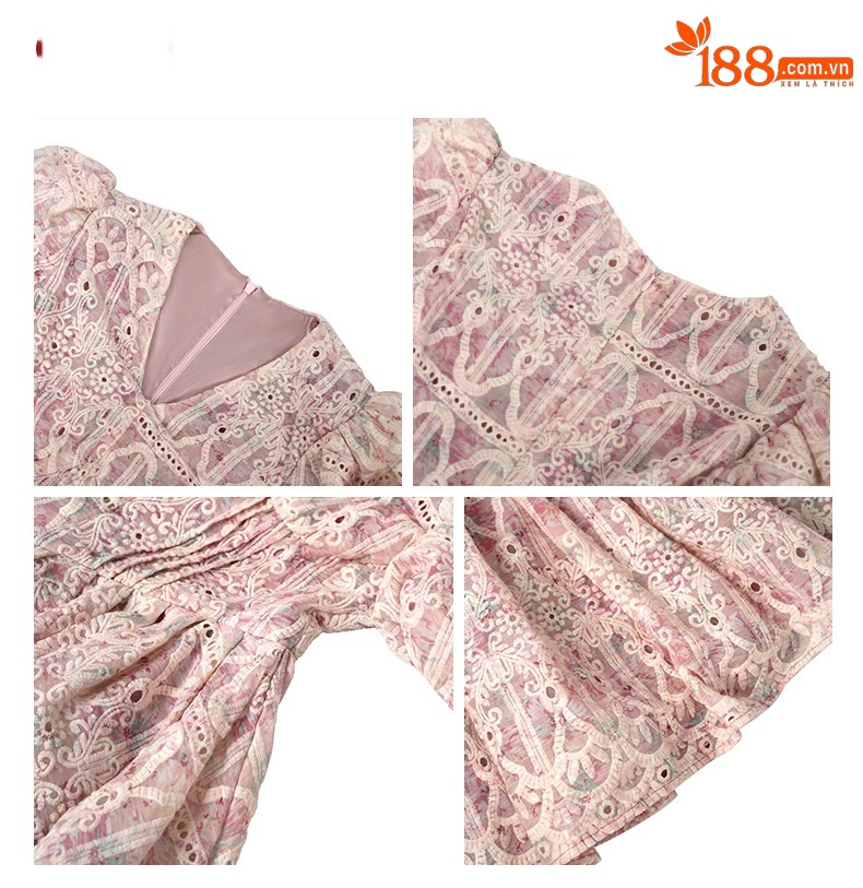 Đầm maxi nữ thắt eo cổ chữ V tay phồng họa tiết hoa nhí — Hồng tử chi tiết 3