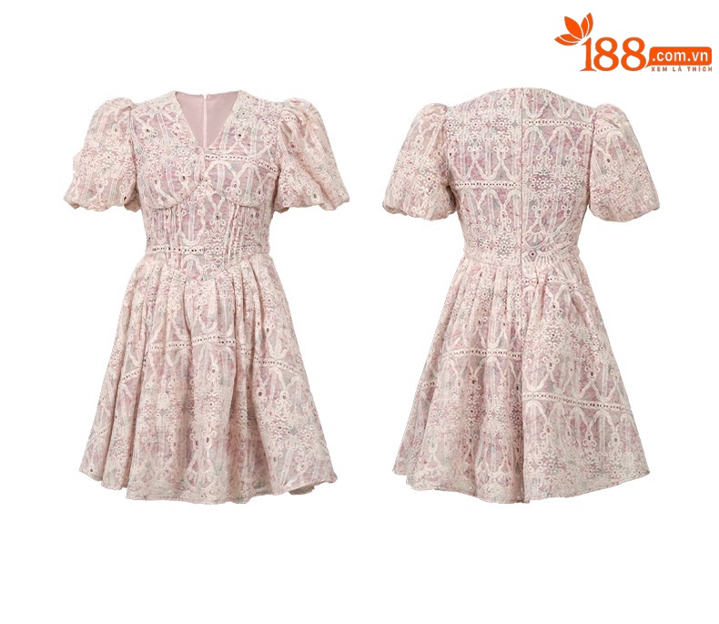 Đầm maxi nữ thắt eo cổ chữ V tay phồng họa tiết hoa nhí — Hồng tử chi tiết 4