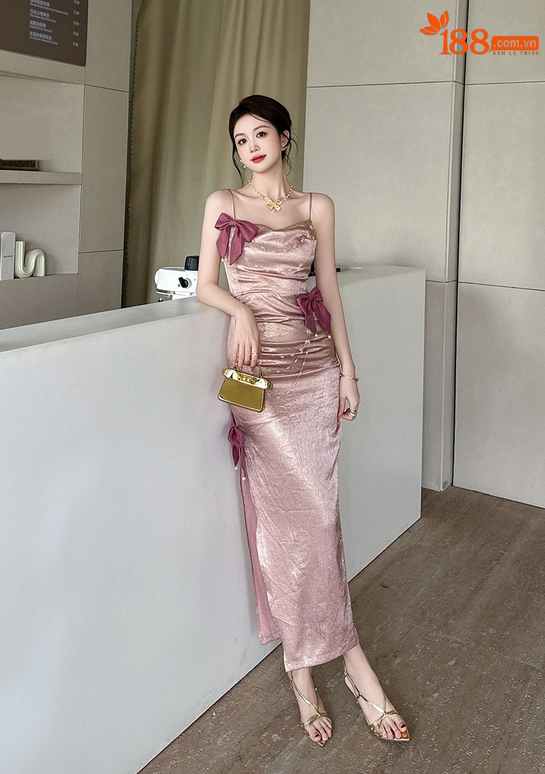 Váy dây ôm body nữ kiểu Pháp trễ vai nơ điệu đà — Màu hồng chi tiết 6