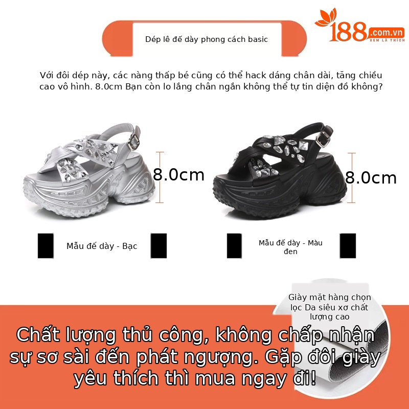 Sandal nữ đế dày tăng chiều cao đính đá phong cách La Mã — Màu đen, Màu bạc