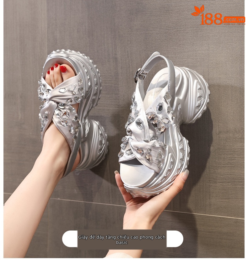 Sandal nữ đế dày tăng chiều cao đính đá phong cách La Mã — Màu đen, Màu bạc chi tiết 1