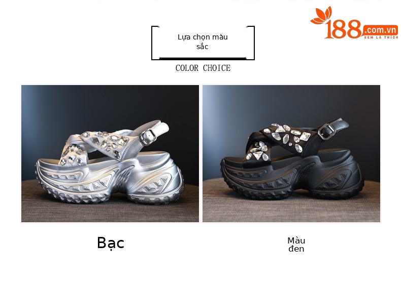 Sandal nữ đế dày tăng chiều cao đính đá phong cách La Mã — Màu đen, Màu bạc chi tiết 2