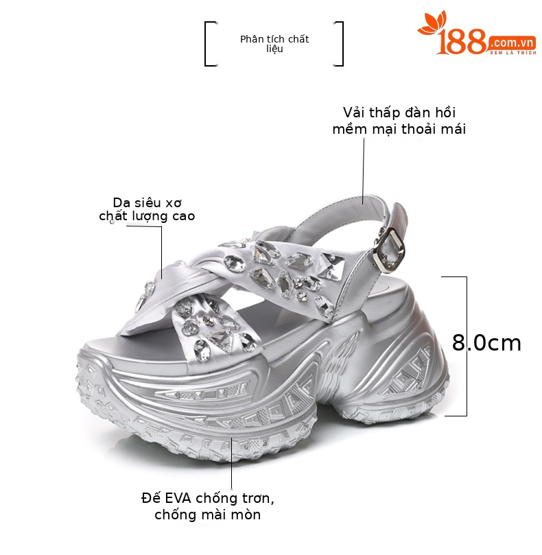 Sandal nữ đế dày tăng chiều cao đính đá phong cách La Mã — Màu đen, Màu bạc chi tiết 3