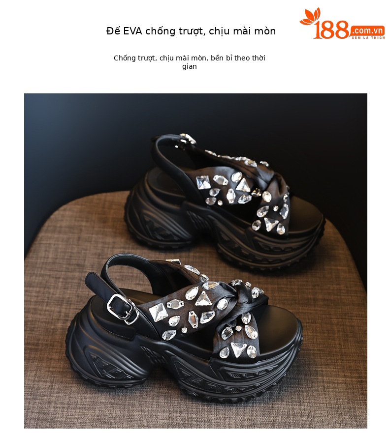 Sandal nữ đế dày tăng chiều cao đính đá phong cách La Mã — Màu đen, Màu bạc chi tiết 10