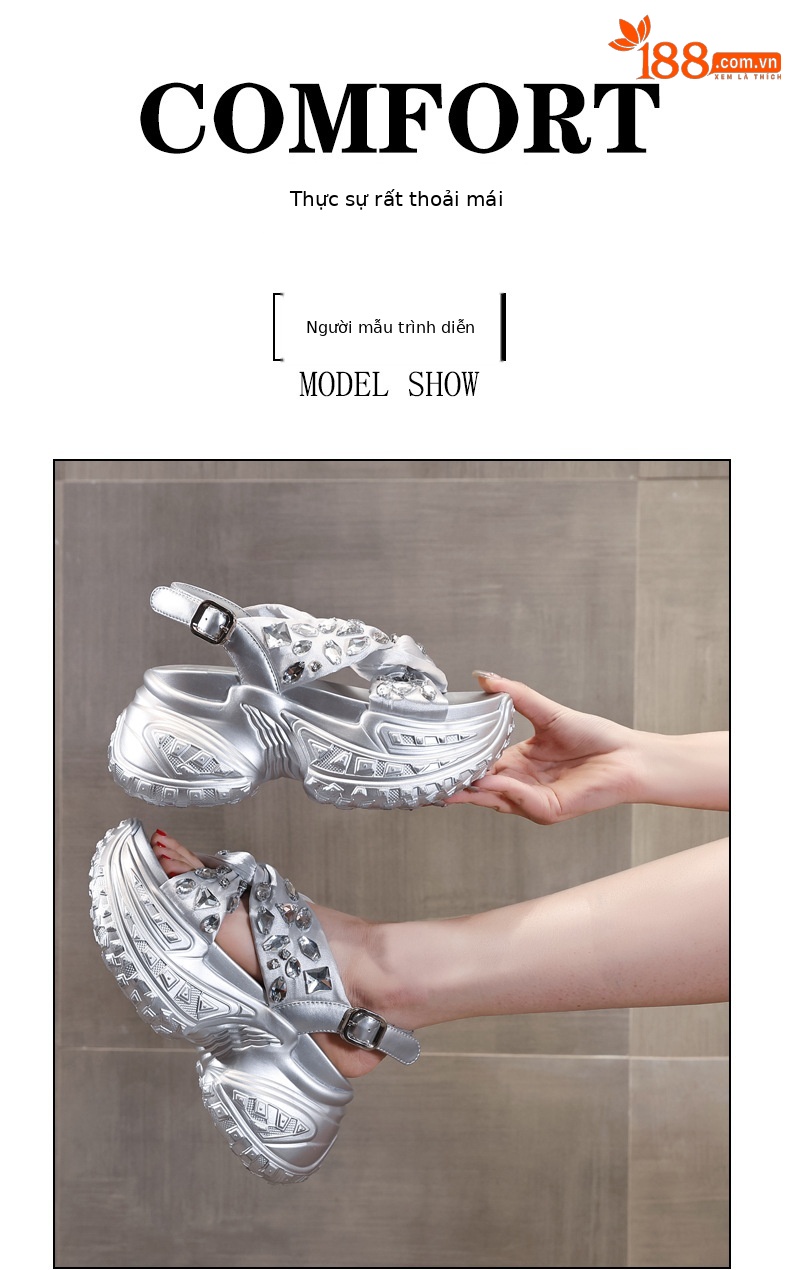 Sandal nữ đế dày tăng chiều cao đính đá phong cách La Mã — Màu đen, Màu bạc chi tiết 11