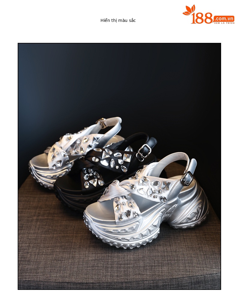 Sandal nữ đế dày tăng chiều cao đính đá phong cách La Mã — Màu đen, Màu bạc chi tiết 18
