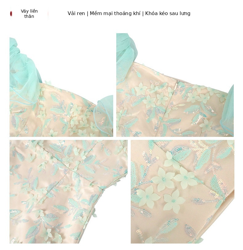 Đầm midi suông tay bồng cổ vuông phong cách Pháp cho nữ teen — [Xanh lá] chi tiết 2