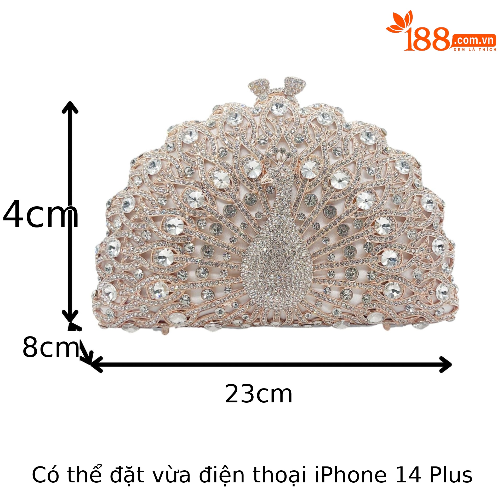 Túi clutch dạ tiệc nạm kim cương hình con công cỡ lớn, cầm tay sang trọng — Vàng xanh lục, Màu trắng bạc, Vàng nhạt, Vàng hồng chi tiết 1