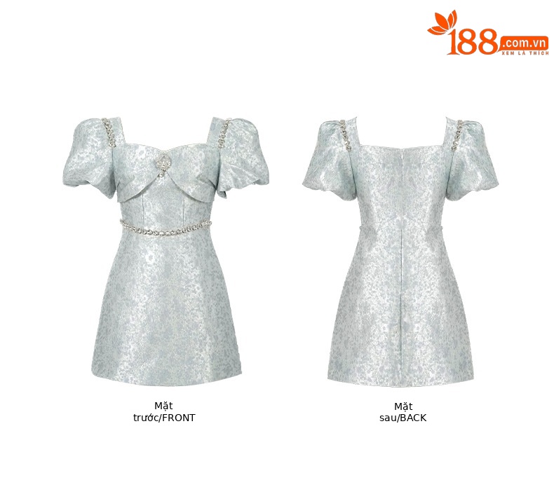 Váy mini cổ vuông tay phồng đính kim cương kiểu Pháp chữ A — Màu xanh lá chi tiết 2