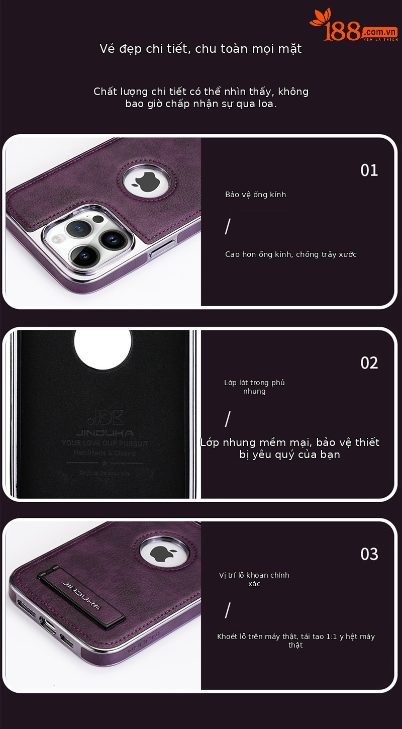 Ốp lưng da mạ điện kim loại cao cấp cho iPhone 16/17 Pro Max — [Da mạ đen] Giá đỡ lỗ lớn, [Da mạ điện màu nâu] Giá đỡ lỗ lớn, [Da mạ màu xanh] Giá đỡ lỗ lớn, [Da mạ điện màu tím] Giá đỡ lỗ lớn chi tiết 8