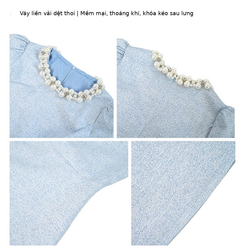 Đầm suông nữ cổ tròn tay ngắn dáng chữ A phong cách Chanel — [Xanh nhạt] chi tiết 2
