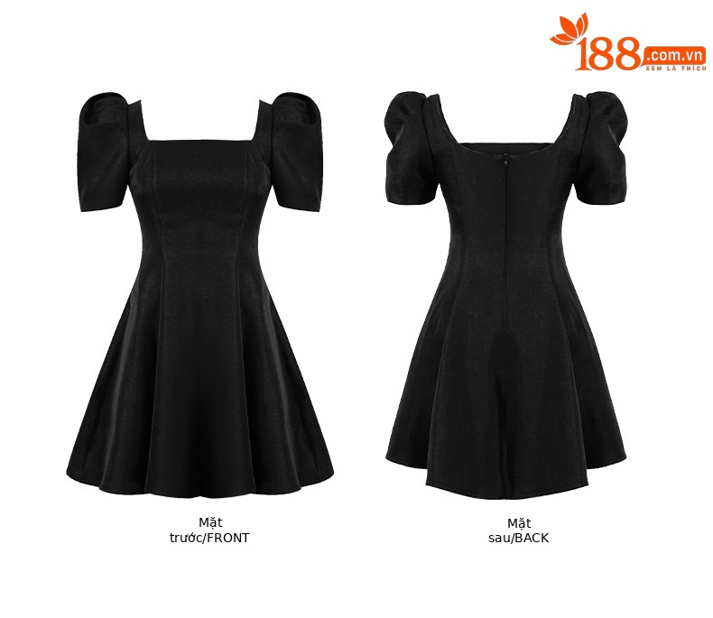 Đầm nữ cổ vuông tay phồng kiểu Hepburn ôm eo — Màu đen chi tiết 3