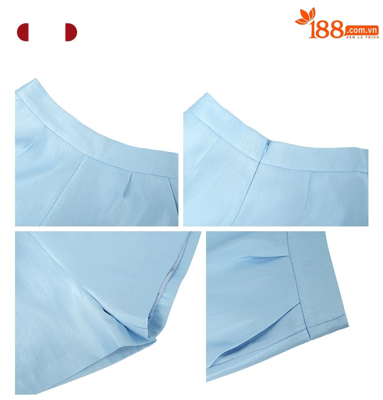 Quần short nữ cạp cao vải bóng nhẹ phong cách hiện đại — Màu xanh xám chi tiết 3