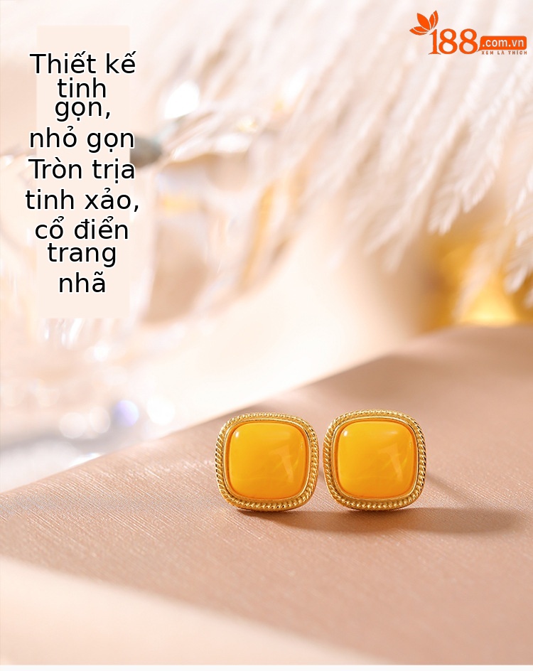 Bông tai nữ hình vuông mạ vàng bạc S925 đính sáp ong cao cấp — Một cặp chi tiết 2