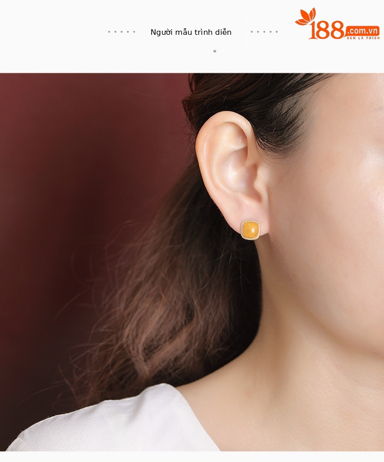 Bông tai nữ hình vuông mạ vàng bạc S925 đính sáp ong cao cấp — Một cặp chi tiết 4