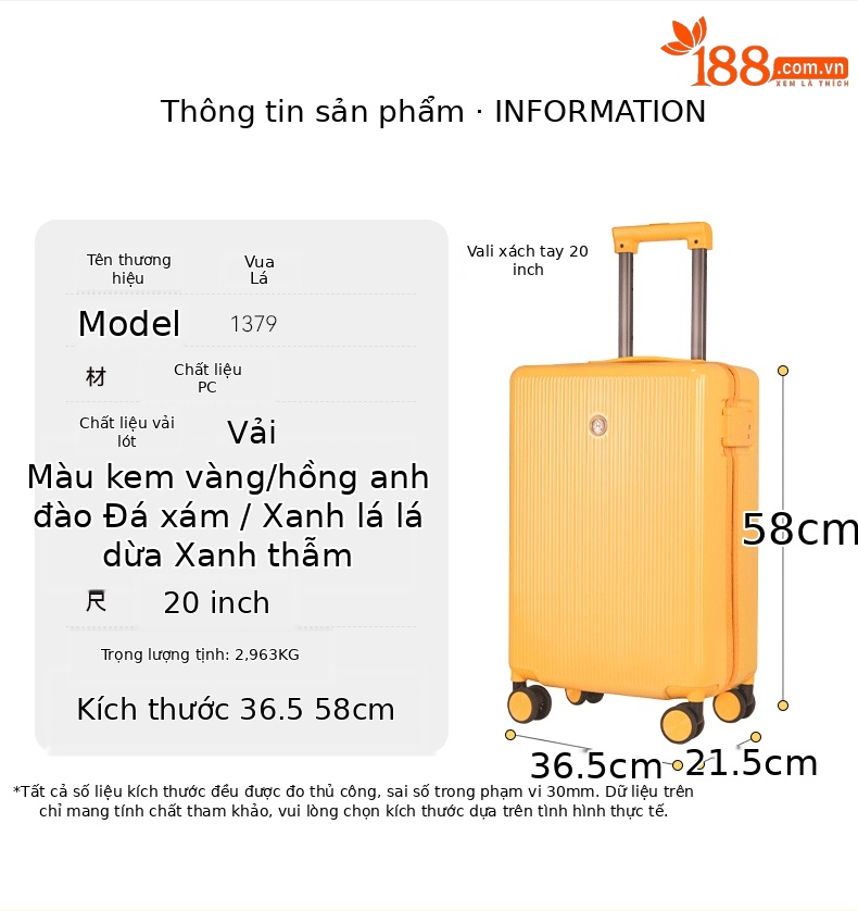 Vali kéo 20 inch nhẹ, dễ xách tay lên máy bay, màu Morandi phong cách trẻ trung — Hoa Anh Đào, Xanh lá nâu, Xám đá, Vàng kem chi tiết 8