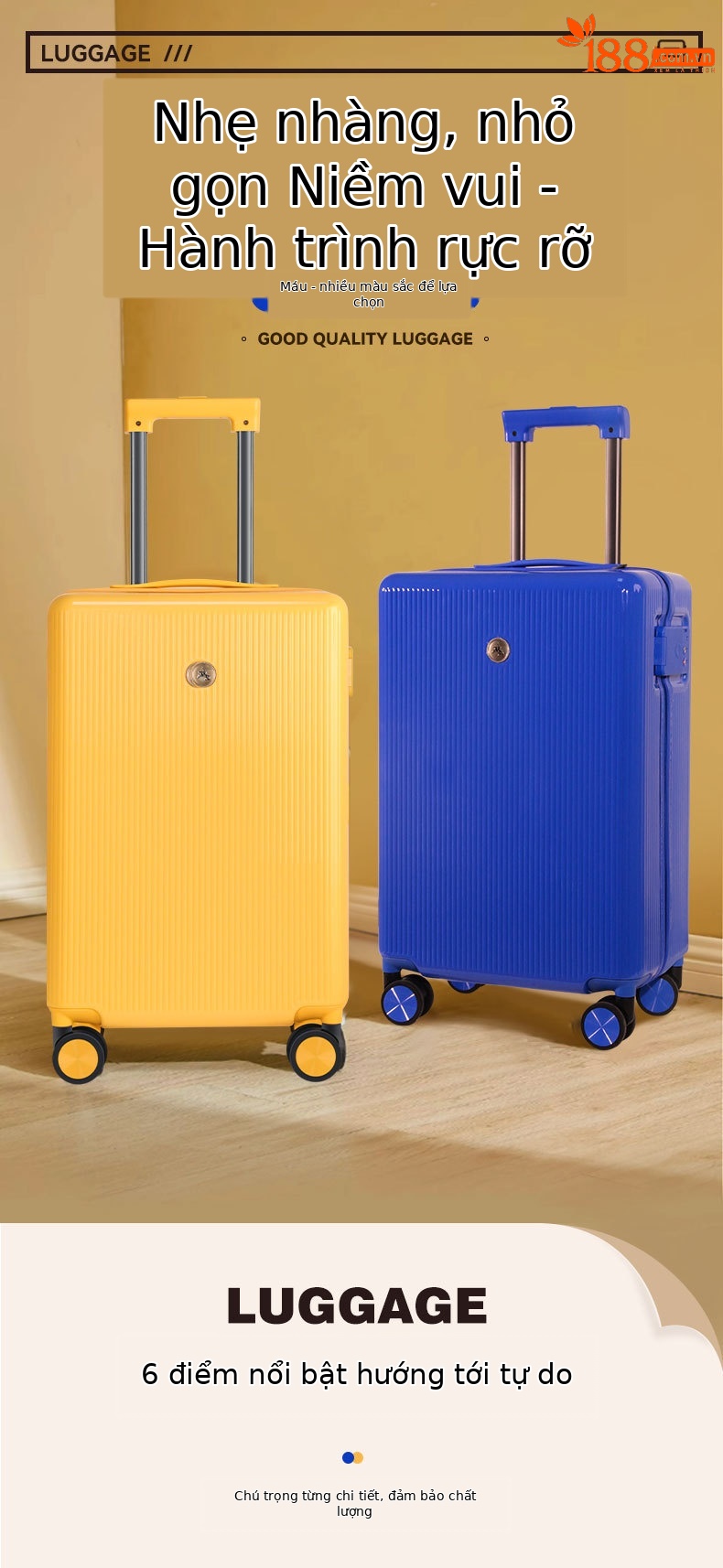 Vali kéo 20 inch nhẹ, dễ xách tay lên máy bay, màu Morandi phong cách trẻ trung — Hoa Anh Đào, Xanh lá nâu, Xám đá, Vàng kem chi tiết 2