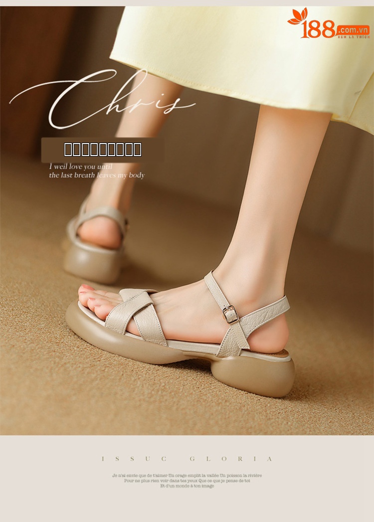 Sandal hở ngón da cừu gót thô đế dày quai ngang kiểu La Mã rỗng — Màu trắng be chi tiết 1