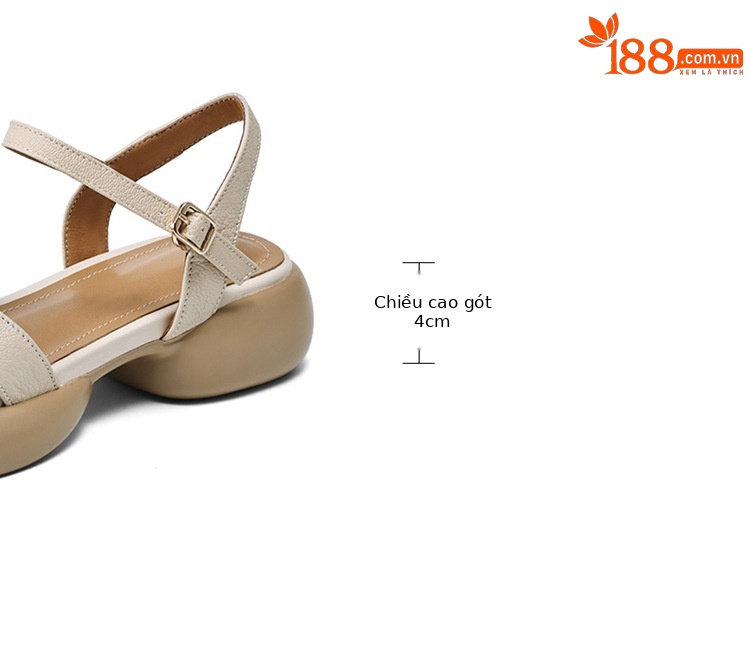 Sandal hở ngón da cừu gót thô đế dày quai ngang kiểu La Mã rỗng — Màu trắng be chi tiết 3
