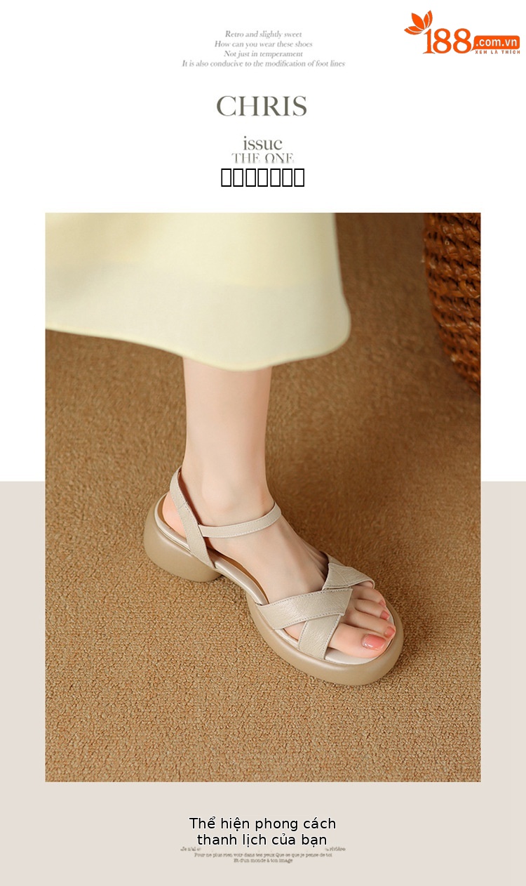 Sandal hở ngón da cừu gót thô đế dày quai ngang kiểu La Mã rỗng — Màu trắng be chi tiết 6