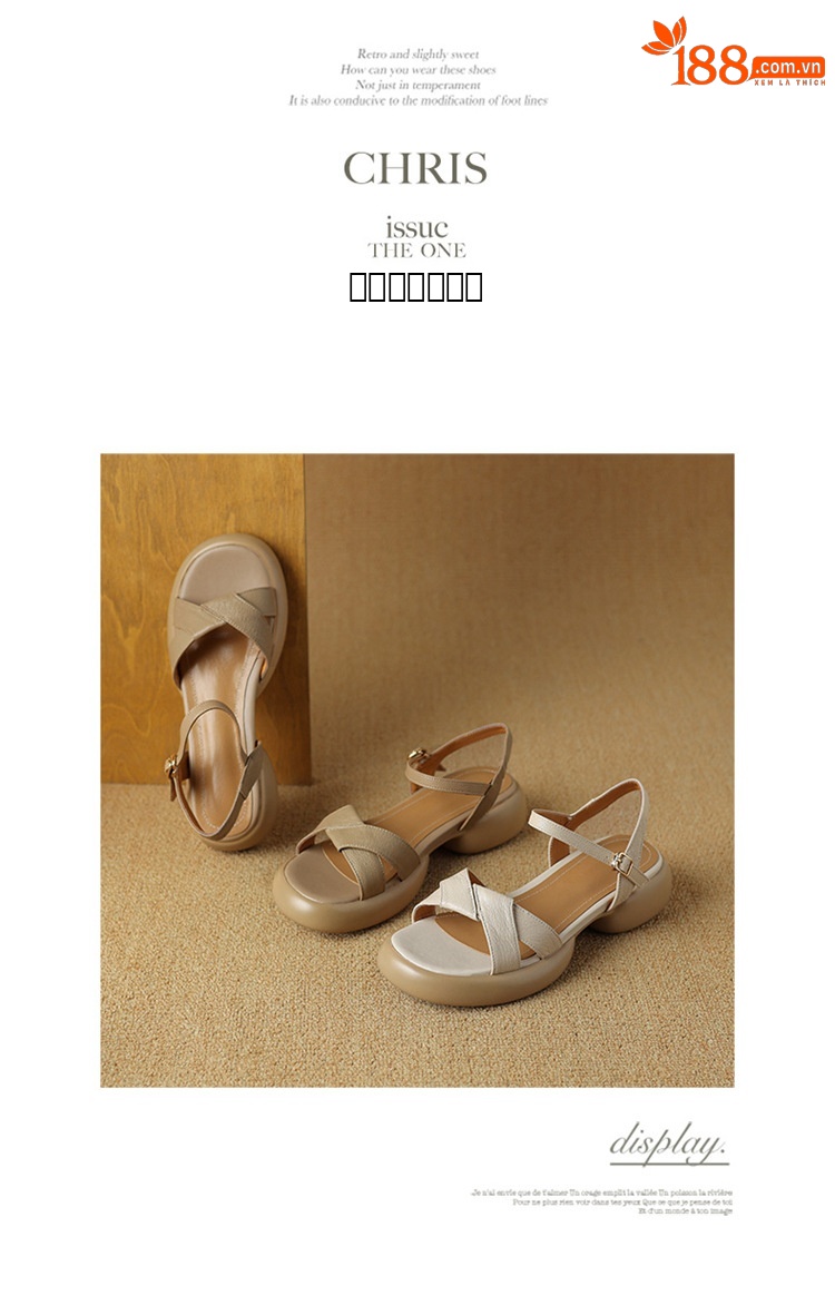 Sandal hở ngón da cừu gót thô đế dày quai ngang kiểu La Mã rỗng — Màu trắng be chi tiết 11