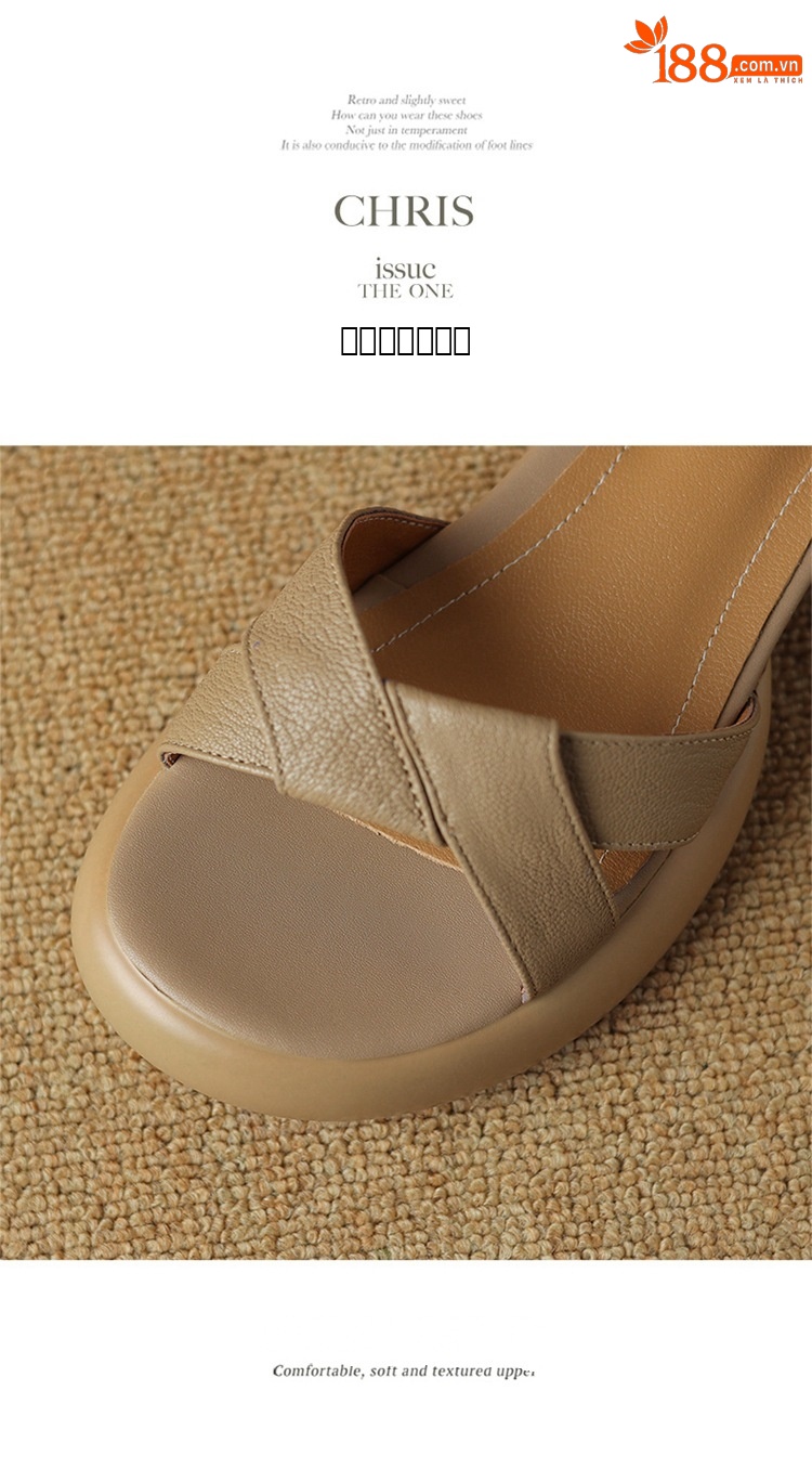 Sandal hở ngón da cừu gót thô đế dày quai ngang kiểu La Mã rỗng — Màu trắng be chi tiết 14
