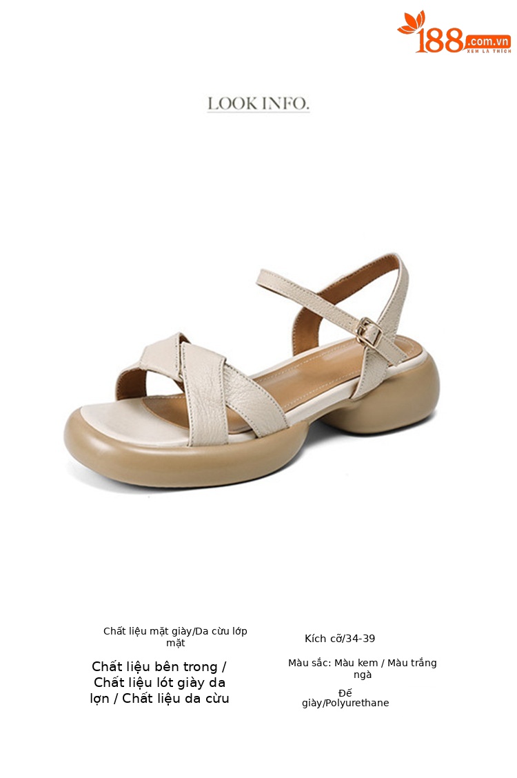 Sandal hở ngón da cừu gót thô đế dày quai ngang kiểu La Mã rỗng — Màu trắng be chi tiết 2