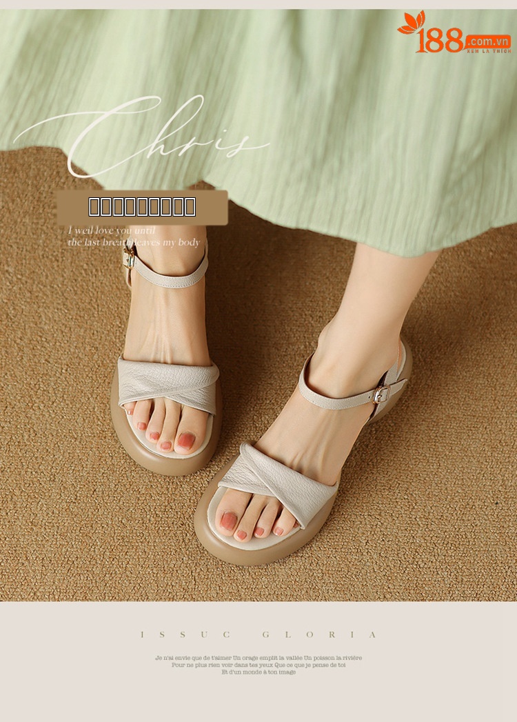 Sandal nữ da cừu đế dày gót thô hở ngón quai ngang phong cách La Mã — Màu trắng be chi tiết 1