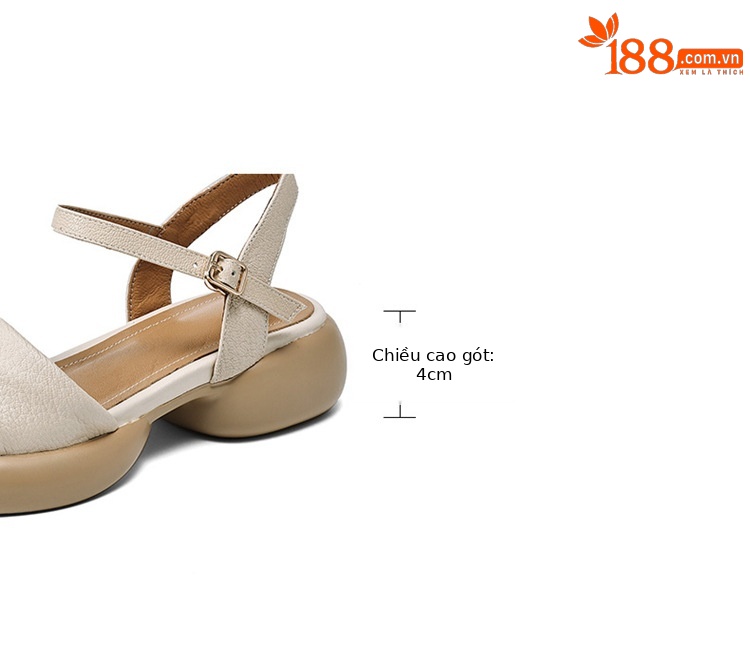 Sandal nữ da cừu đế dày gót thô hở ngón quai ngang phong cách La Mã — Màu trắng be chi tiết 3
