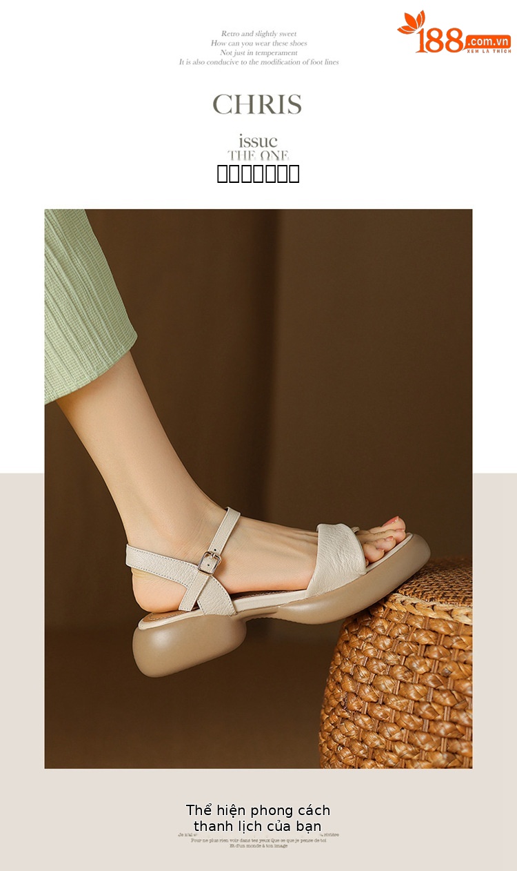 Sandal nữ da cừu đế dày gót thô hở ngón quai ngang phong cách La Mã — Màu trắng be chi tiết 6