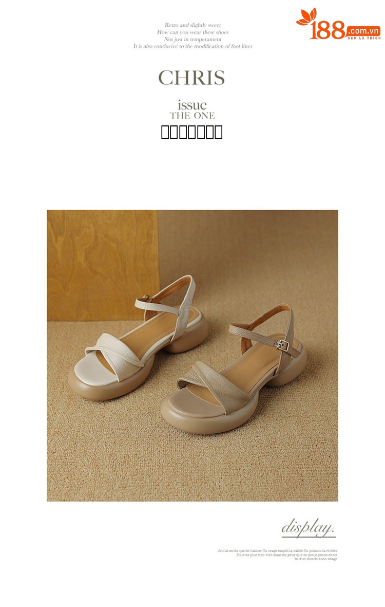 Sandal nữ da cừu đế dày gót thô hở ngón quai ngang phong cách La Mã — Màu trắng be chi tiết 11